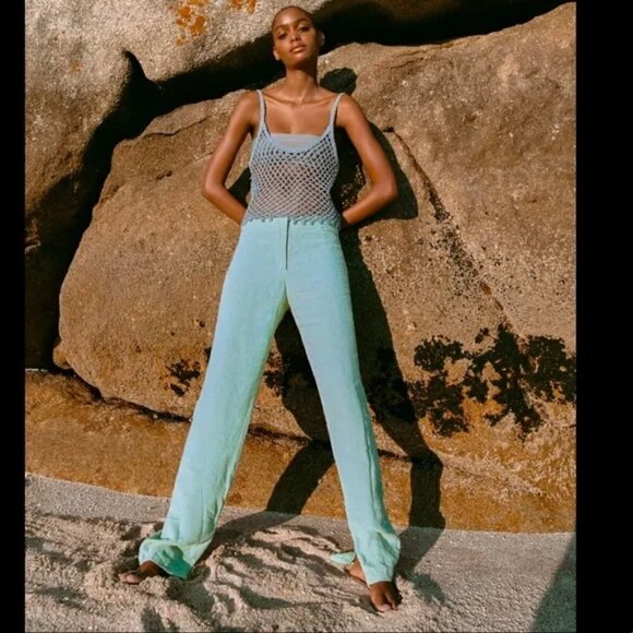New Zara Limited Edition High Waist 100% Linen Side Slit Green Pants Size Medium - Picture 1 of 17